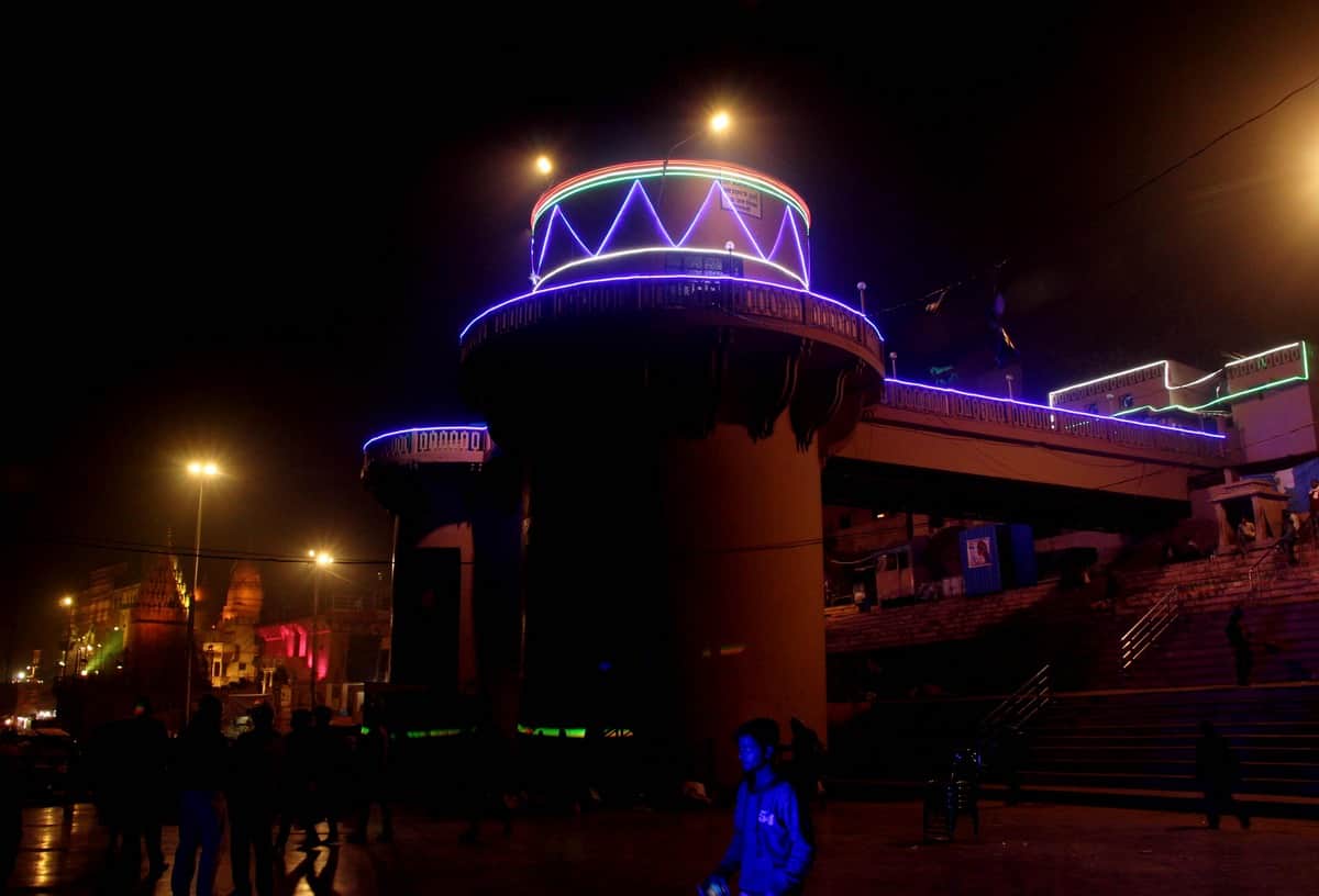 Varanasi ganga ghat are decorating by laser lighting