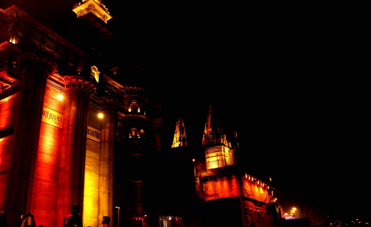Varanasi ganga ghat are decorating by laser lighting