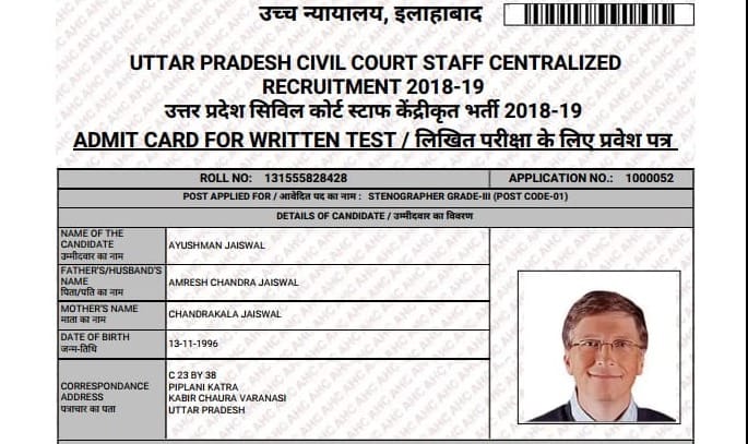 Bill gates photo and signature on stenographer examination admit card