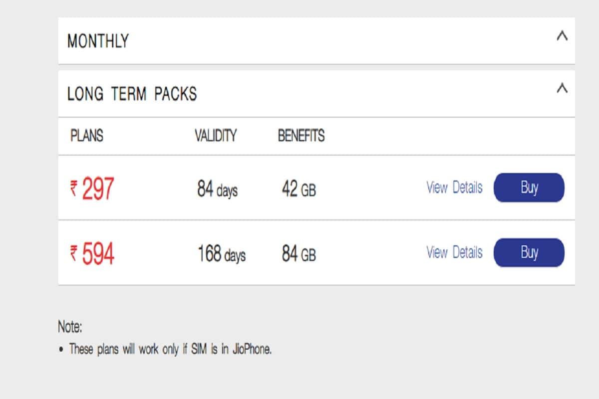 Reliance Jio launches long term packs at Rs 594 and Rs 297 for Jio Phone users
