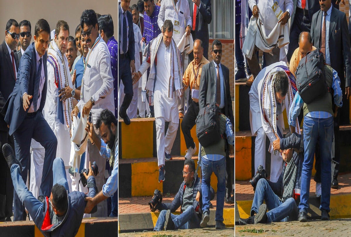 Rahul gandhi checks photographer who fell at bhubaneswar airport