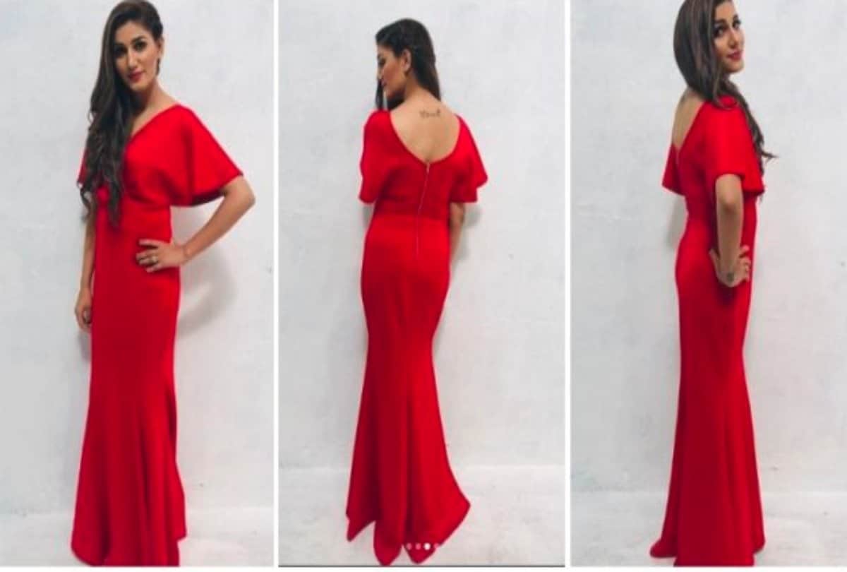 sapna choudhary new glamorous look in red gown