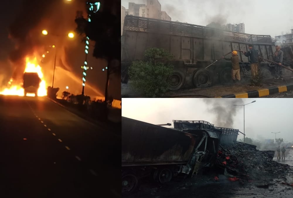 A truck caught fire after an accident in lucknow.
