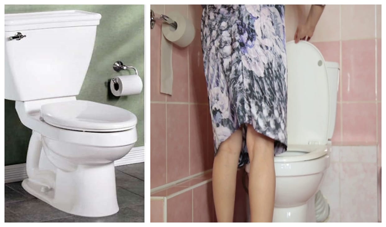 woman fed up to wait every time to use the toilet in her home