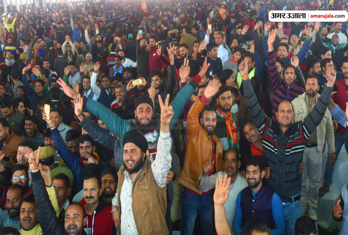 photos of pm modi rally in jammu, huge number of people gathered at aiims ground