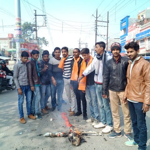 ABVP workers blow Mamma's effigy