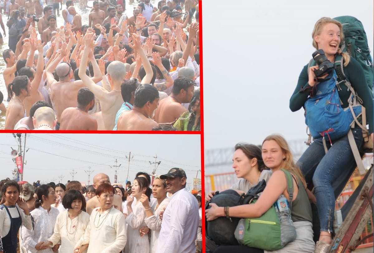 kumbh mela 2019 images pictures wallpapers Foreign women saints holy dip in sangam shahi snan