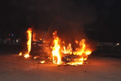 moving car catches fire on Mohali on airport road