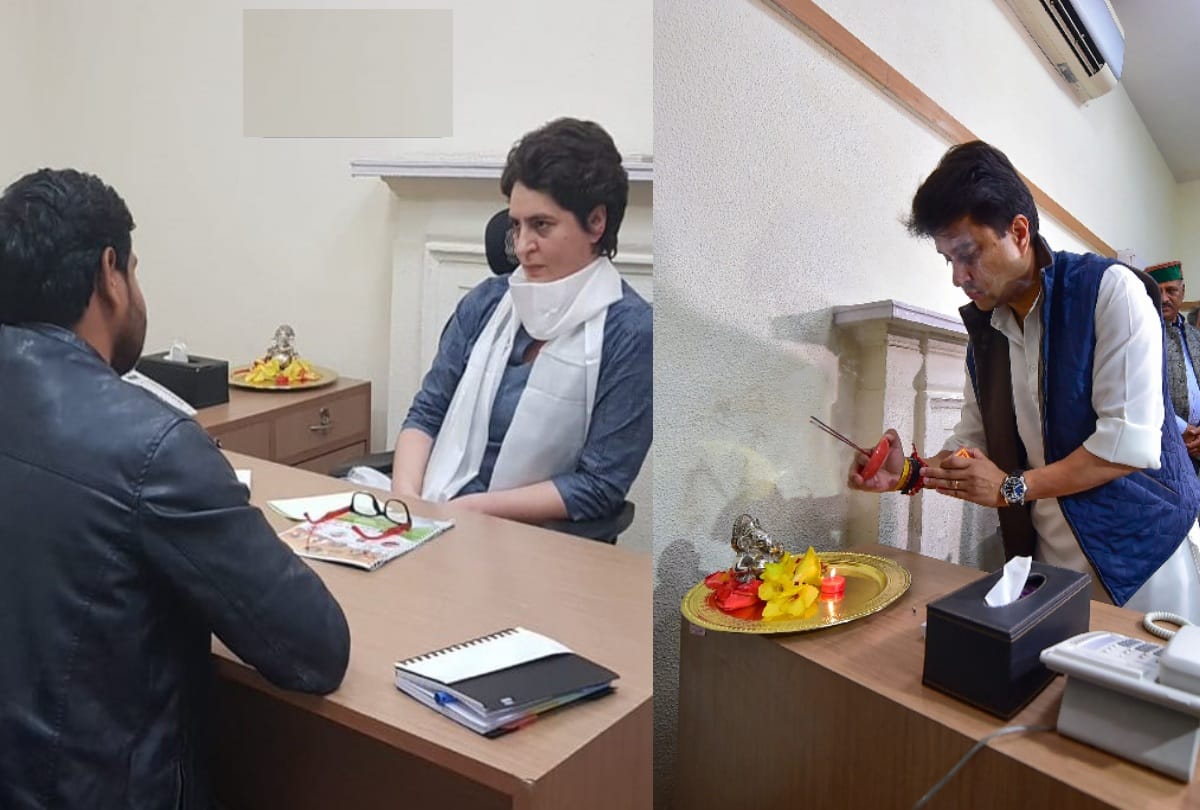 priyanka gandhi Jyotiraditya Madhavrao Scindia takes charge at aicc delhi office see photos