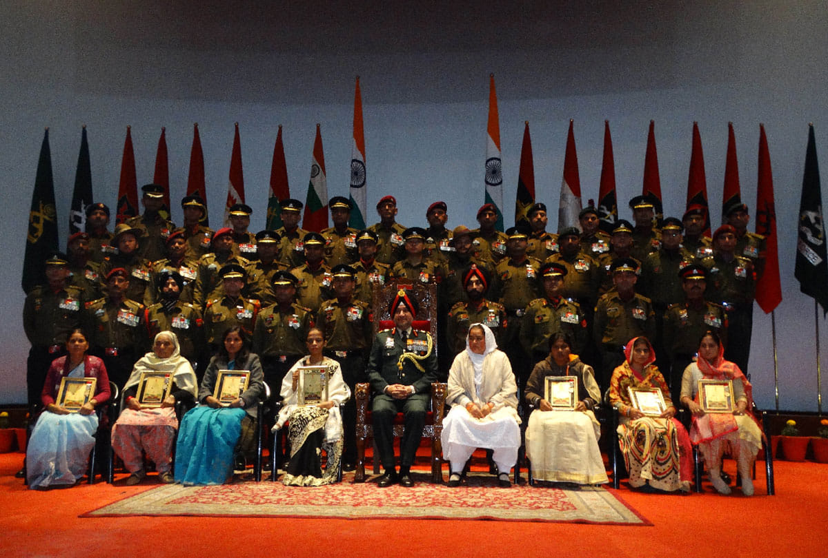 investiture cermony in northern command jammu kashmir, martyred nazir ahmed wani got sena medal bar