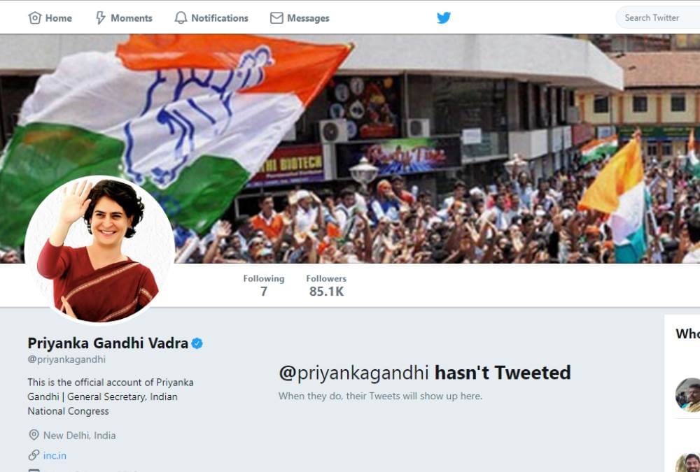 priyanka gandhi opens twitter account gets ahead of mayawati