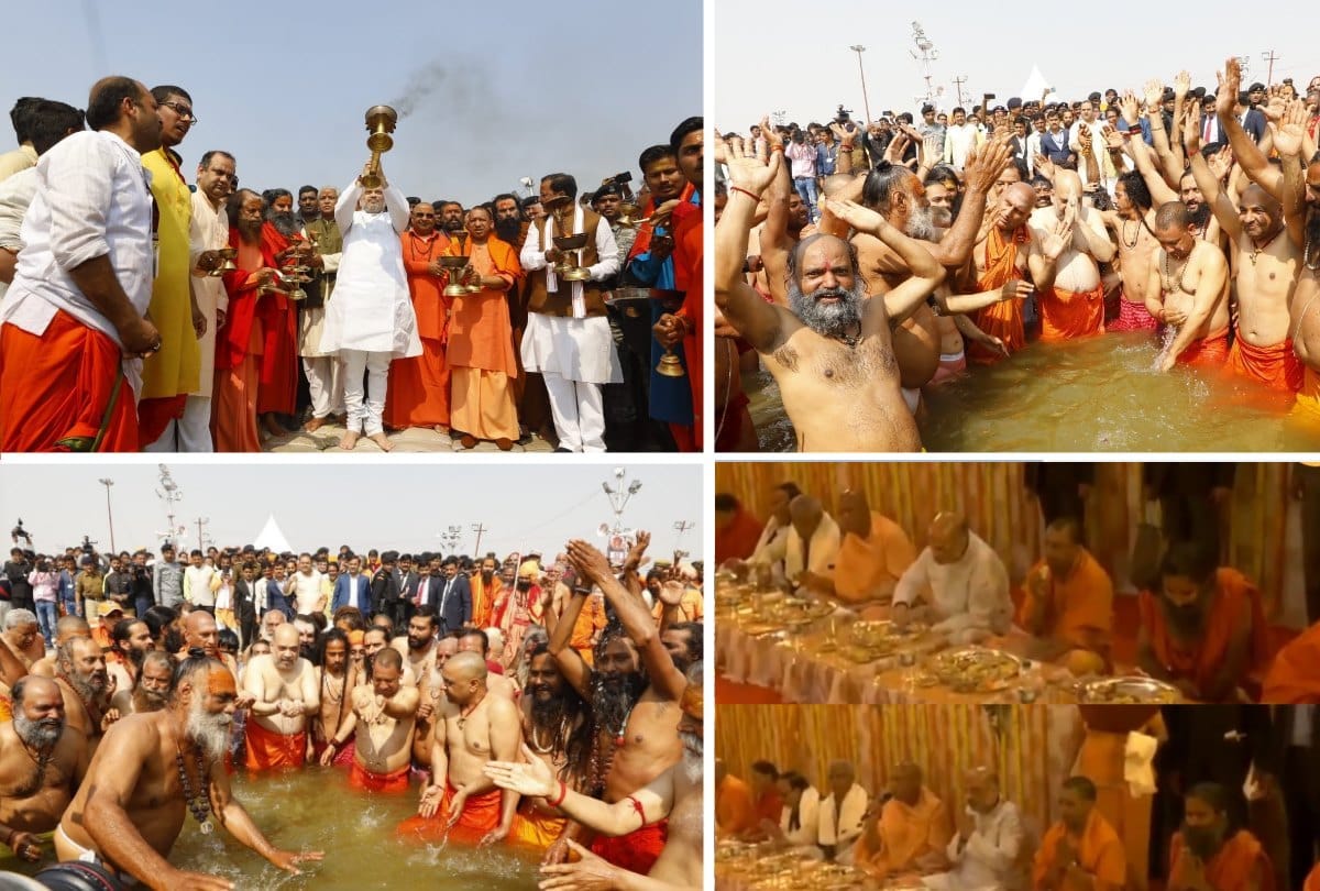 kumbh mela 2019 shahi snan amit shah take holy dip in sangam prayagraj with bjp leaders