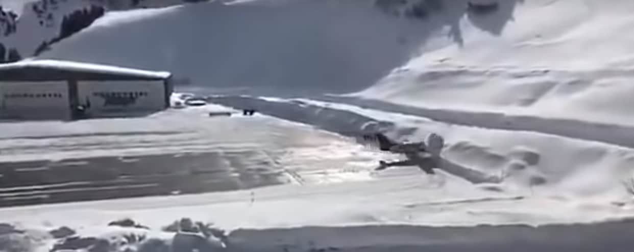 Chartered Plane Piper Aircraft Skids on runway at ski resort Courchevel Altiport in France Alps