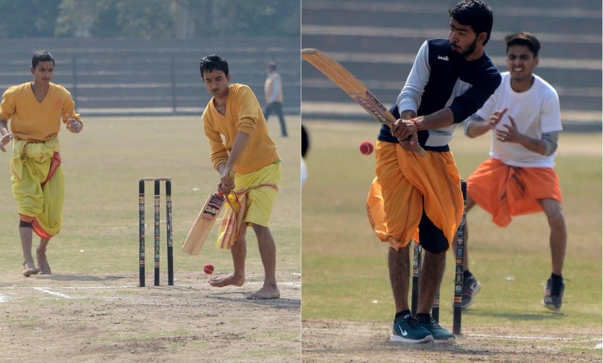 Cricket played in dhoti and commentry in sanskrit language in varanasi