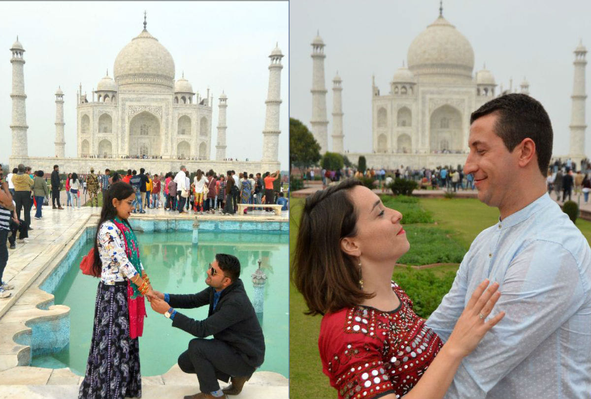 love couples propose each other at Taj Mahal on Valentine Day Pic