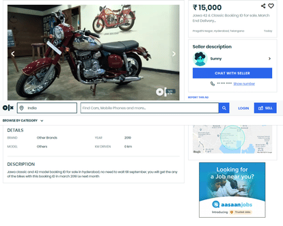 Jawa Motorcycles booking Id selling at rs 15000 online in india, think before buy