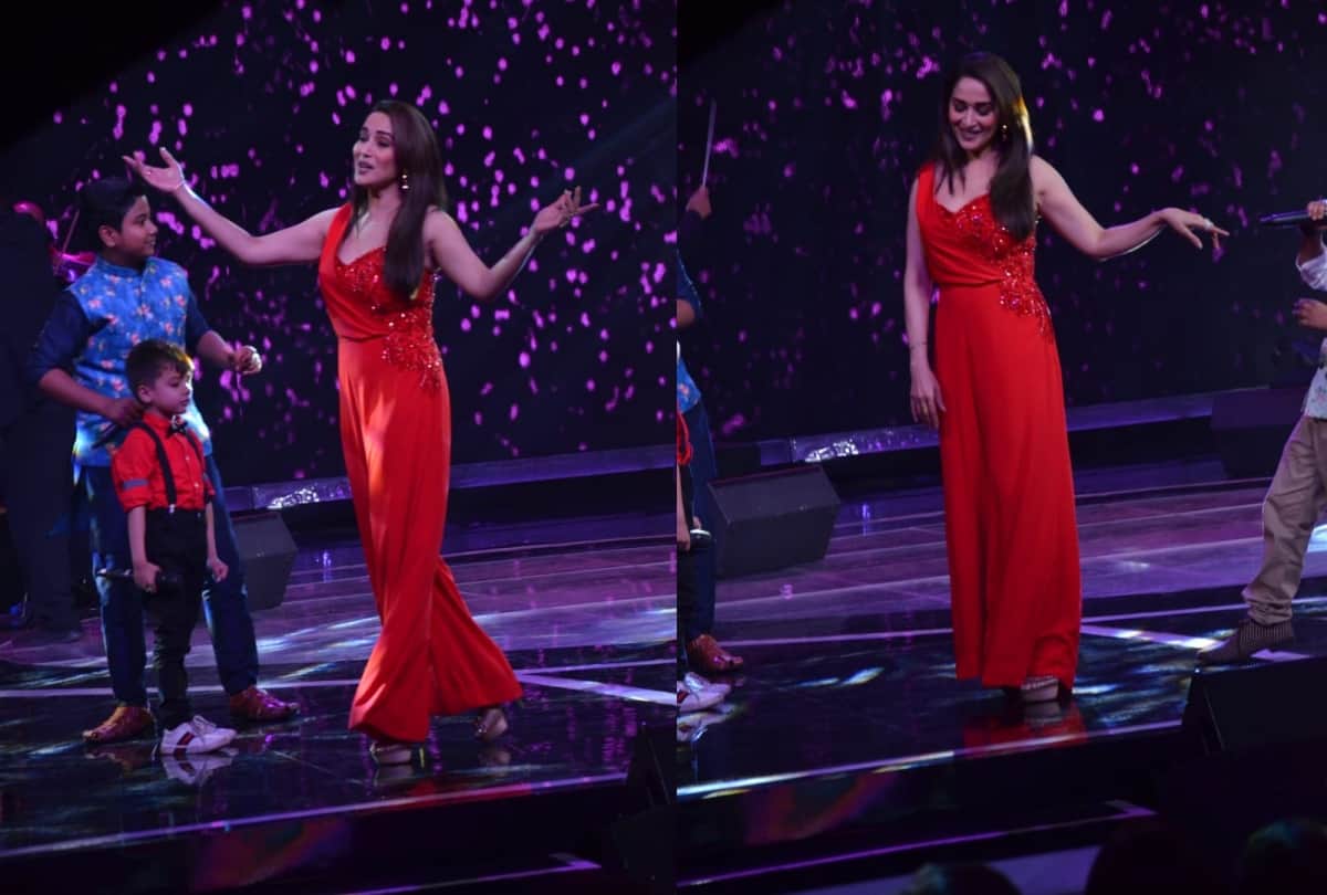 madhuri dixit look hot in this red jump suit