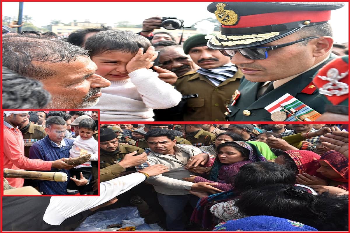 Pulwama encounter martyr ajay last rites by son Aarav and peoples pay tribute