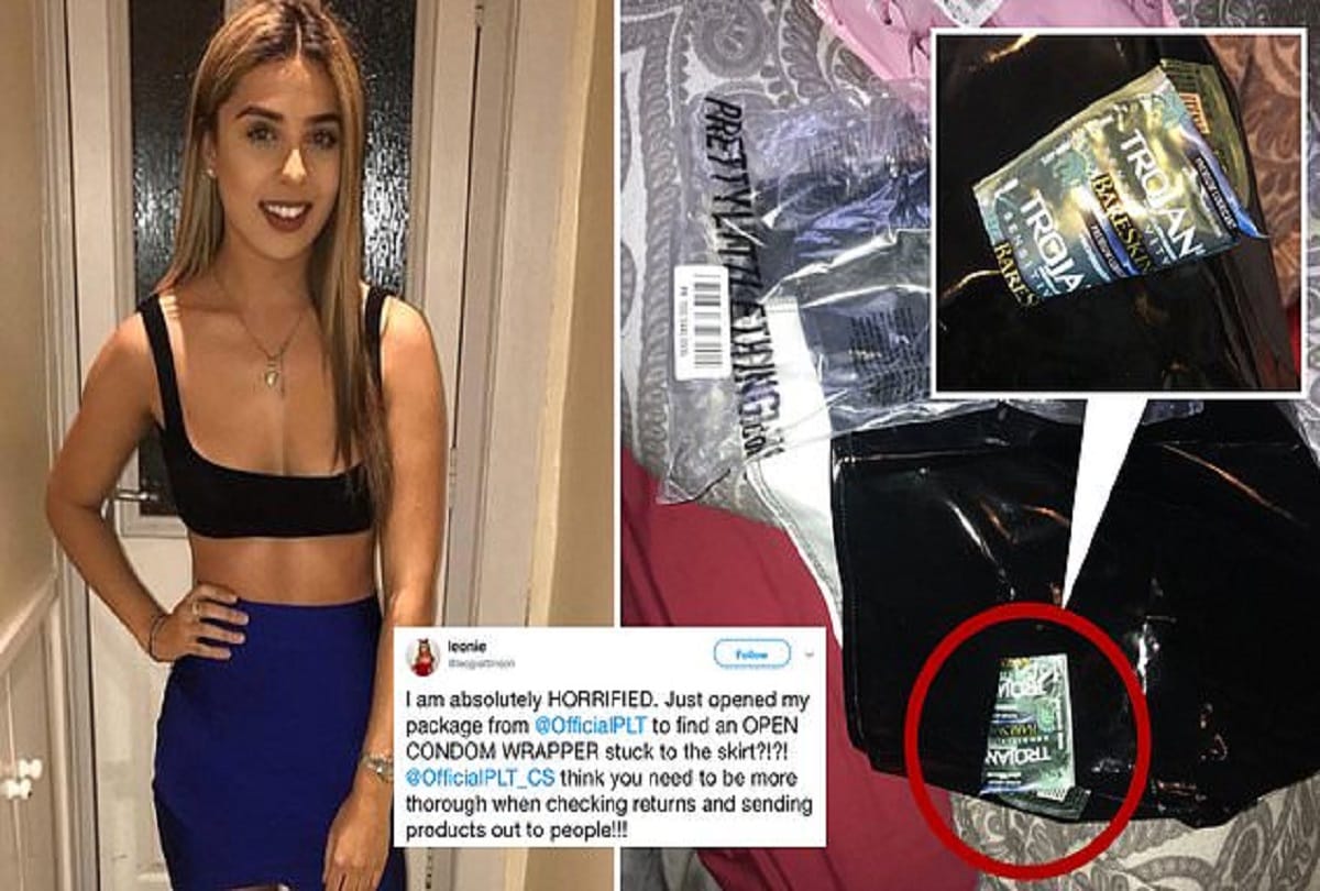 student leonie pattinson opens package to finds used condom wrapper stuck to her new skirt