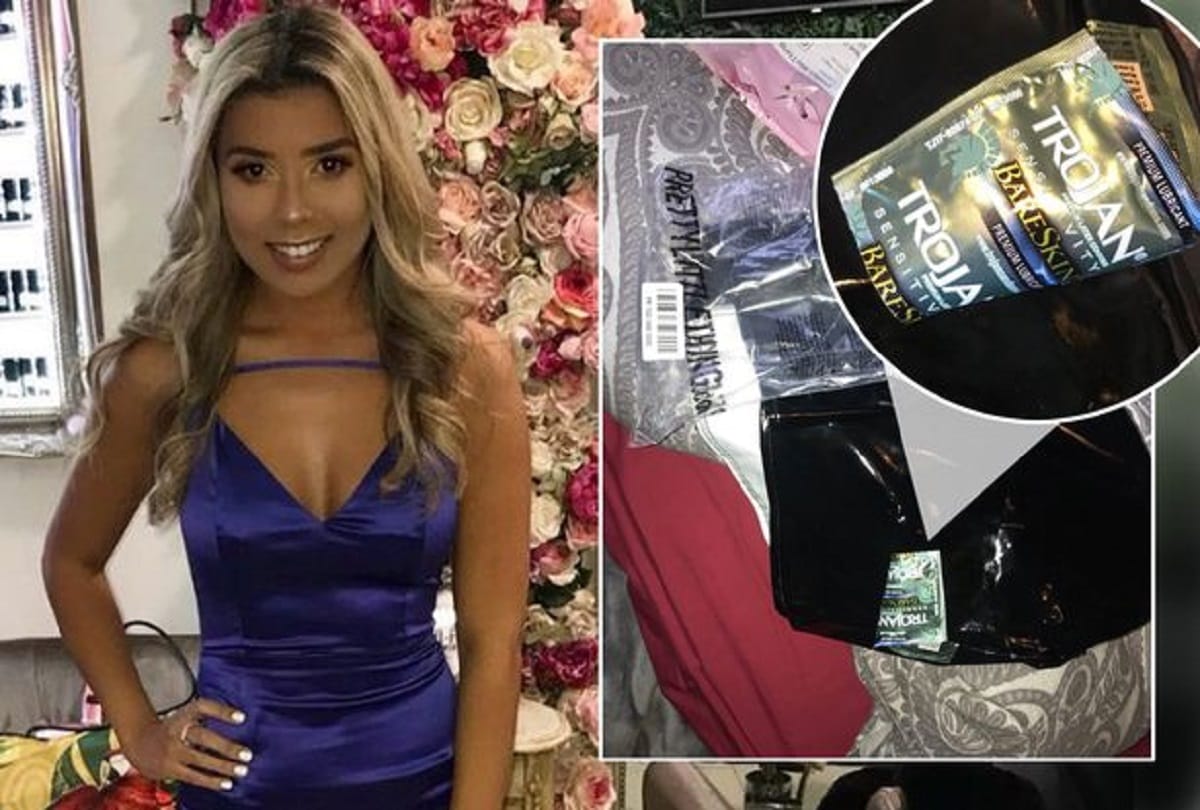 student leonie pattinson opens package to finds used condom wrapper stuck to her new skirt