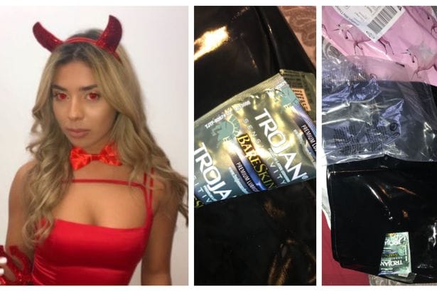 student leonie pattinson opens package to finds used condom wrapper stuck to her new skirt