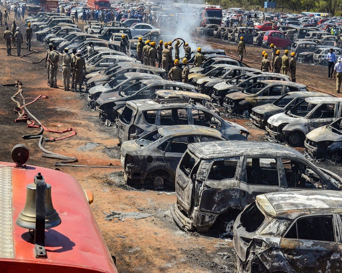 Nearly 300 vehicles destroyed in a fire at parking lot of the venue of Aero India show in Bengaluru