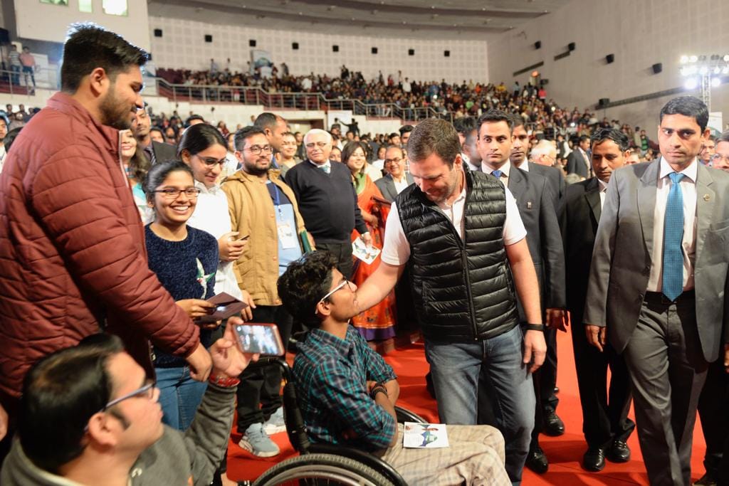 Rahul Gandhi interacting with college students at Jawaharlal Nehru indor auditorium