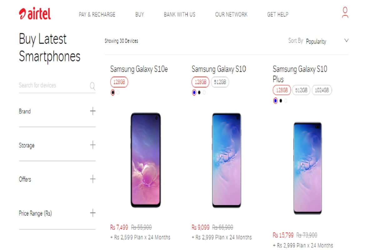 Samsung Galaxy S10, Galaxy S10 Plus Listed on Airtel Online Store With Down Payment of Rs 9,099