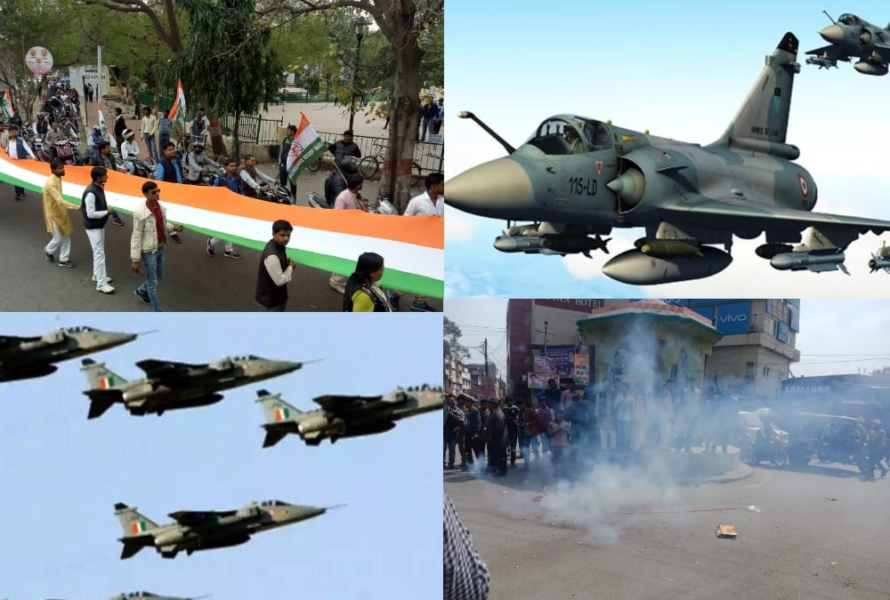 people celebrate the air strike by indian air force in pakistan.
