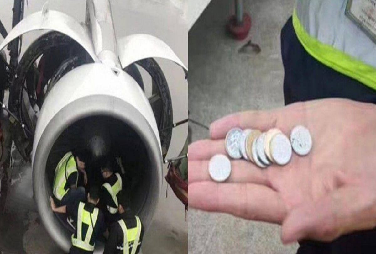 chinese man throws coins into airplane engine for good luck