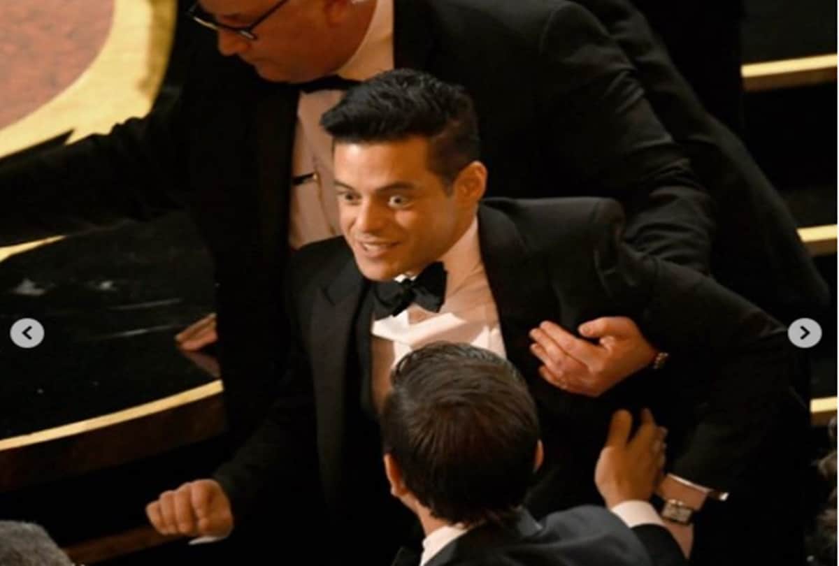 oscars 2019 Best actor Rami Malek falls down to stage