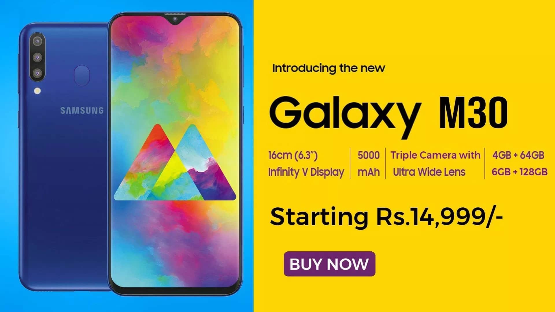Triple rear Cameras Samsung Galaxy M30 Smartphone Launched, Know price and specifications