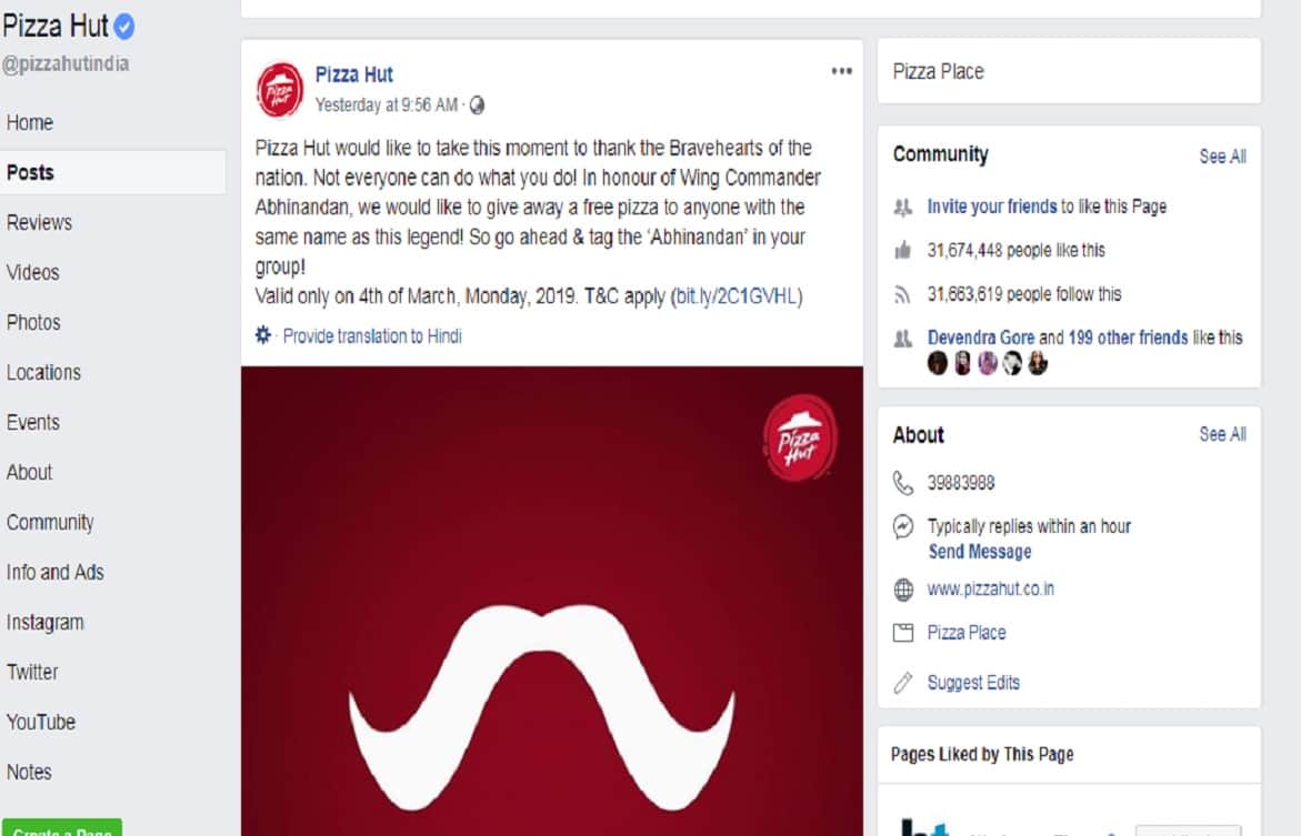 PIZZA HUT Celebrating Abhinandan’s return, Giving Free pan pizza if your name is Abhinandan