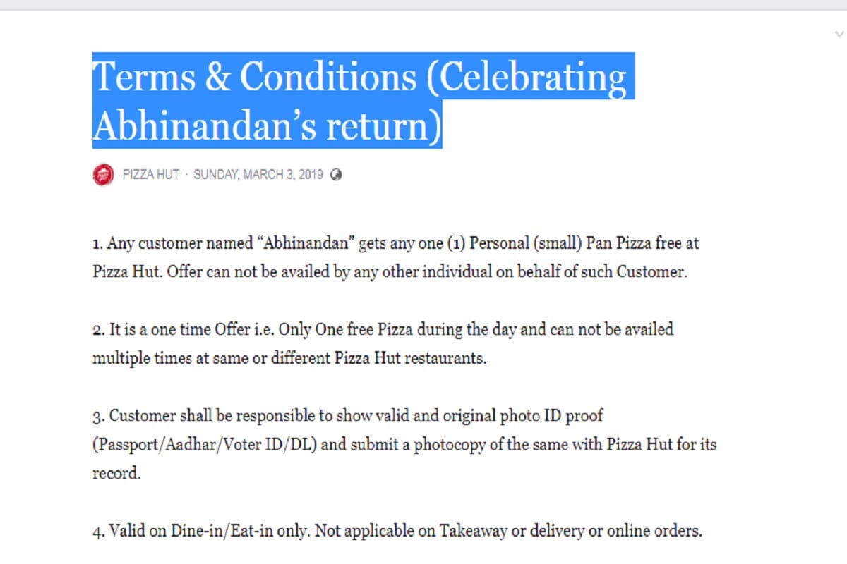 Pizza Hut offers personal pan pizza for free if your name is Abhinandan