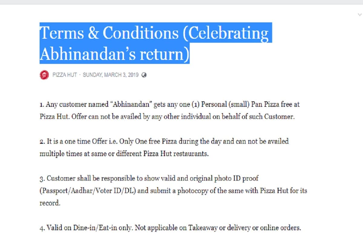 PIZZA HUT Celebrating Abhinandan’s return, Giving Free pan pizza if your name is Abhinandan