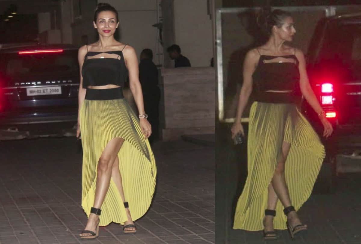 malaika arora trolled for her golden asymmetrical pleated skirt and black crop top
