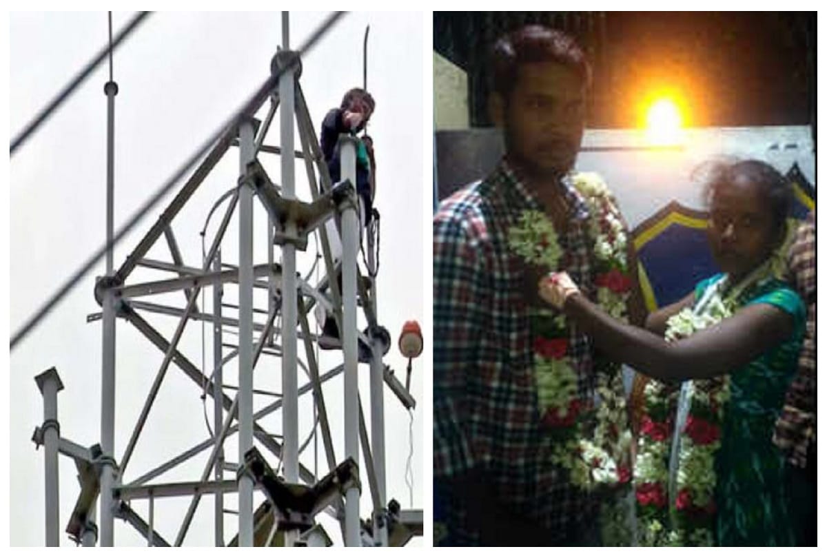 girl climbs moblie tower demanding marriage with lover in warangal andhra pradesh