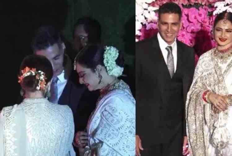 akshay kumar and twinkle khanna posed with rekha at akash ambani and shloka mehta reception