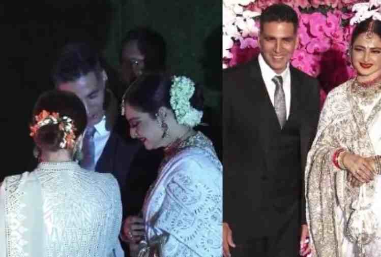 akshay kumar and twinkle khanna posed with rekha at akash ambani and shloka mehta reception