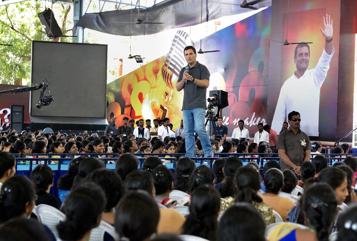 Rahul Gandhi as part of his campaign addresses hundreds of students in Chennai