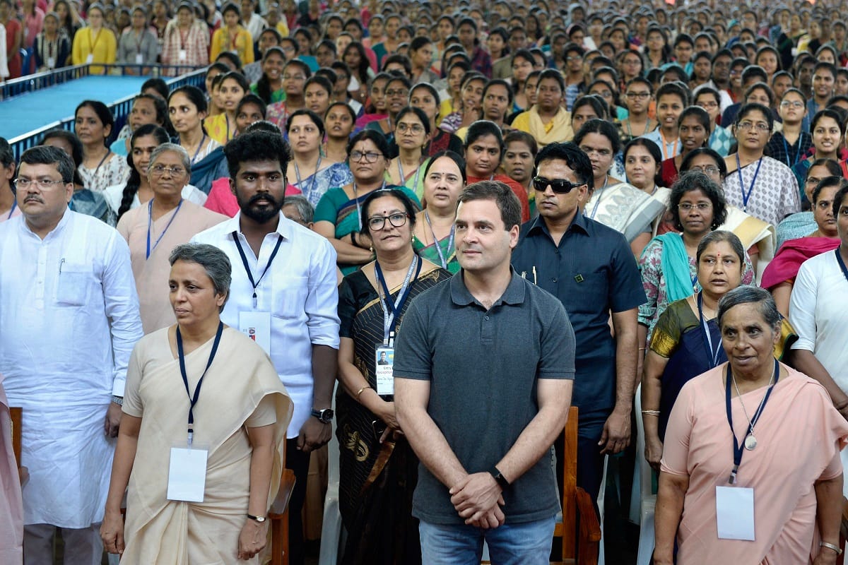 Rahul Gandhi as part of his campaign addresses hundreds of students in Chennai