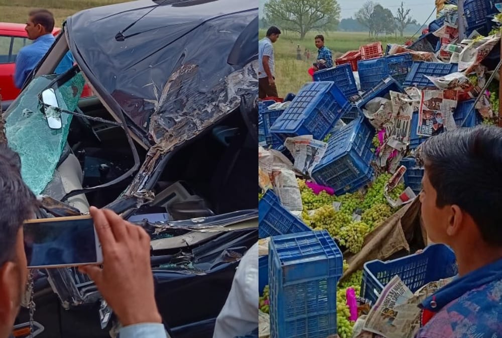 An uncontrolled truck hits the vehicle of SP leader in sultanpur.