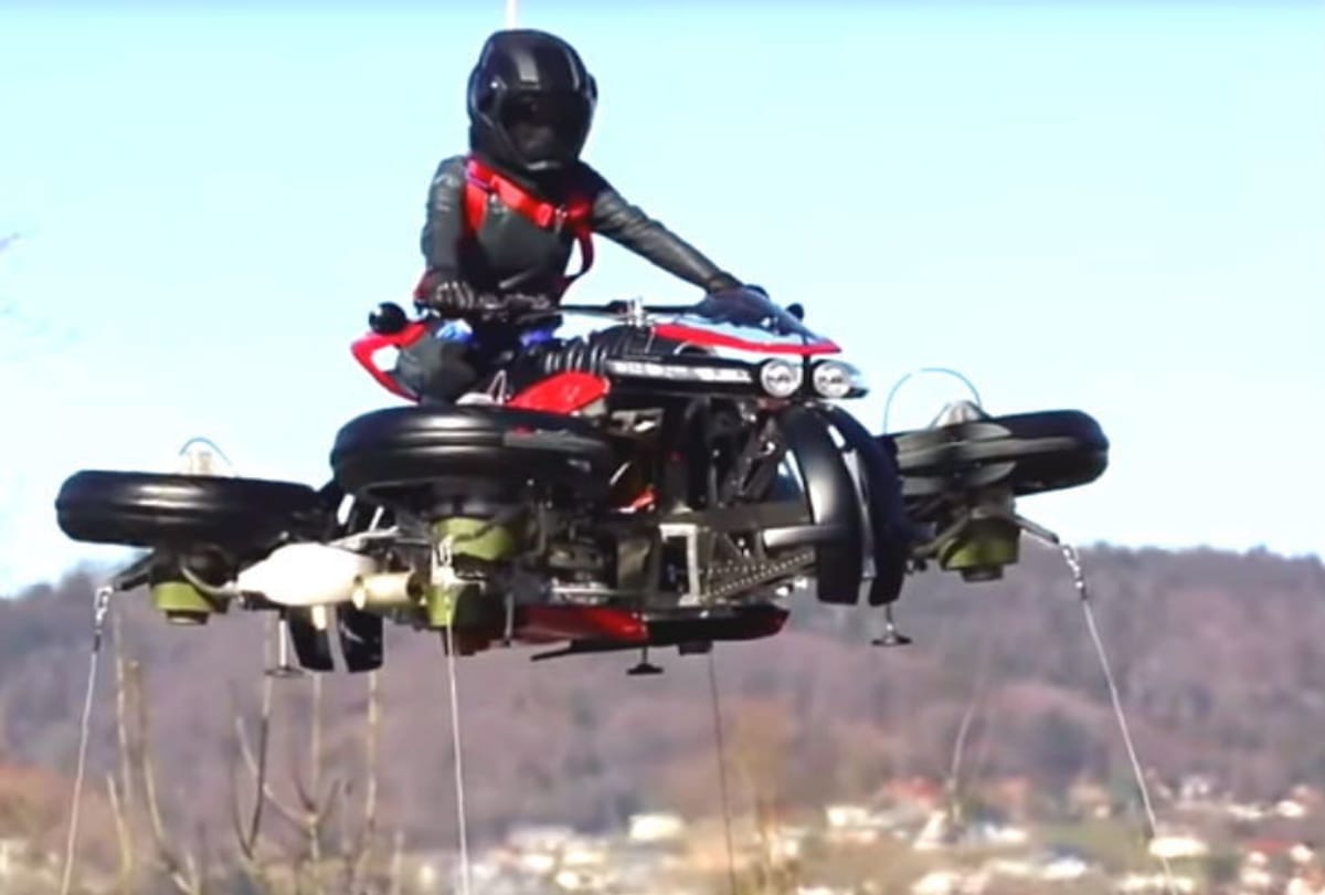 France based company Lazareth  made a flying motorcycle, see the video