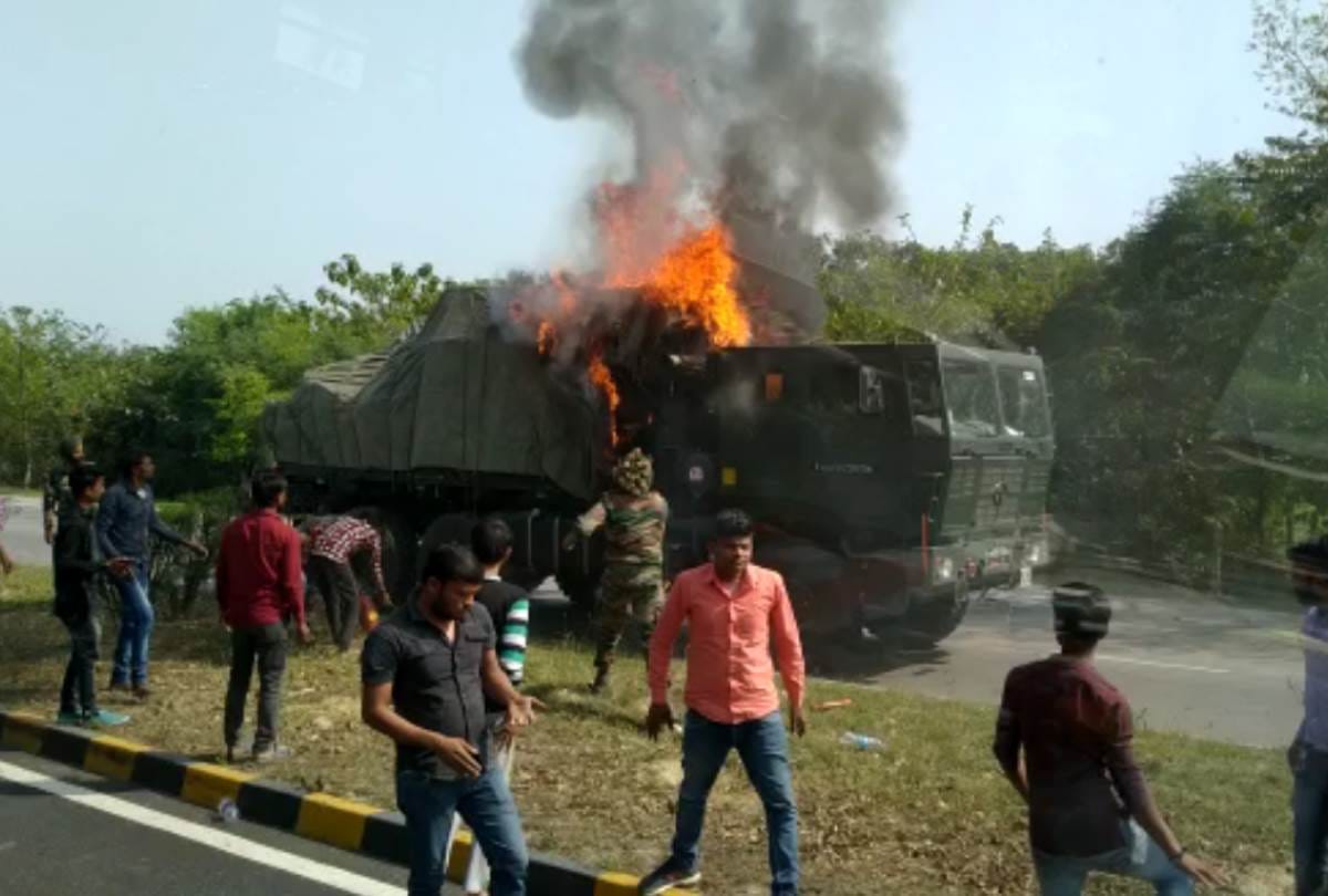 military vehicle caught fire on ayodhaya barabanki highway people rush to help