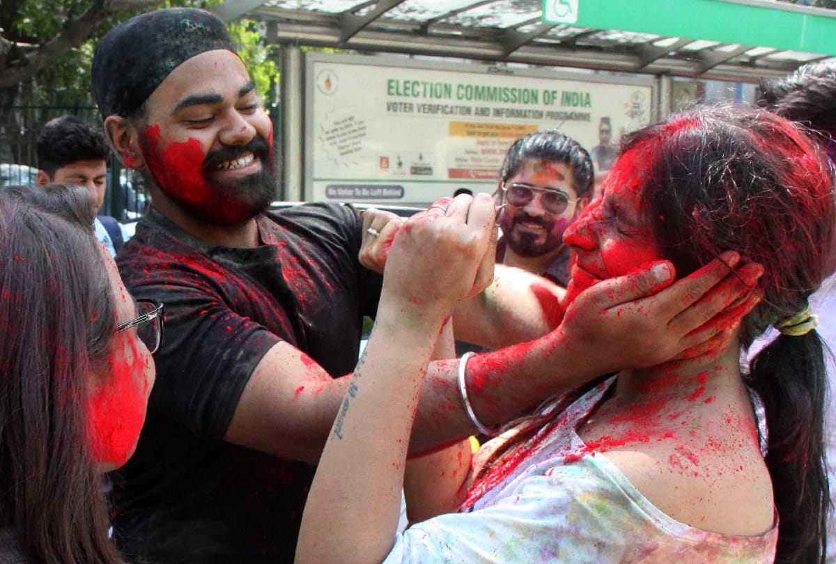 People celebrate holi festival in noida