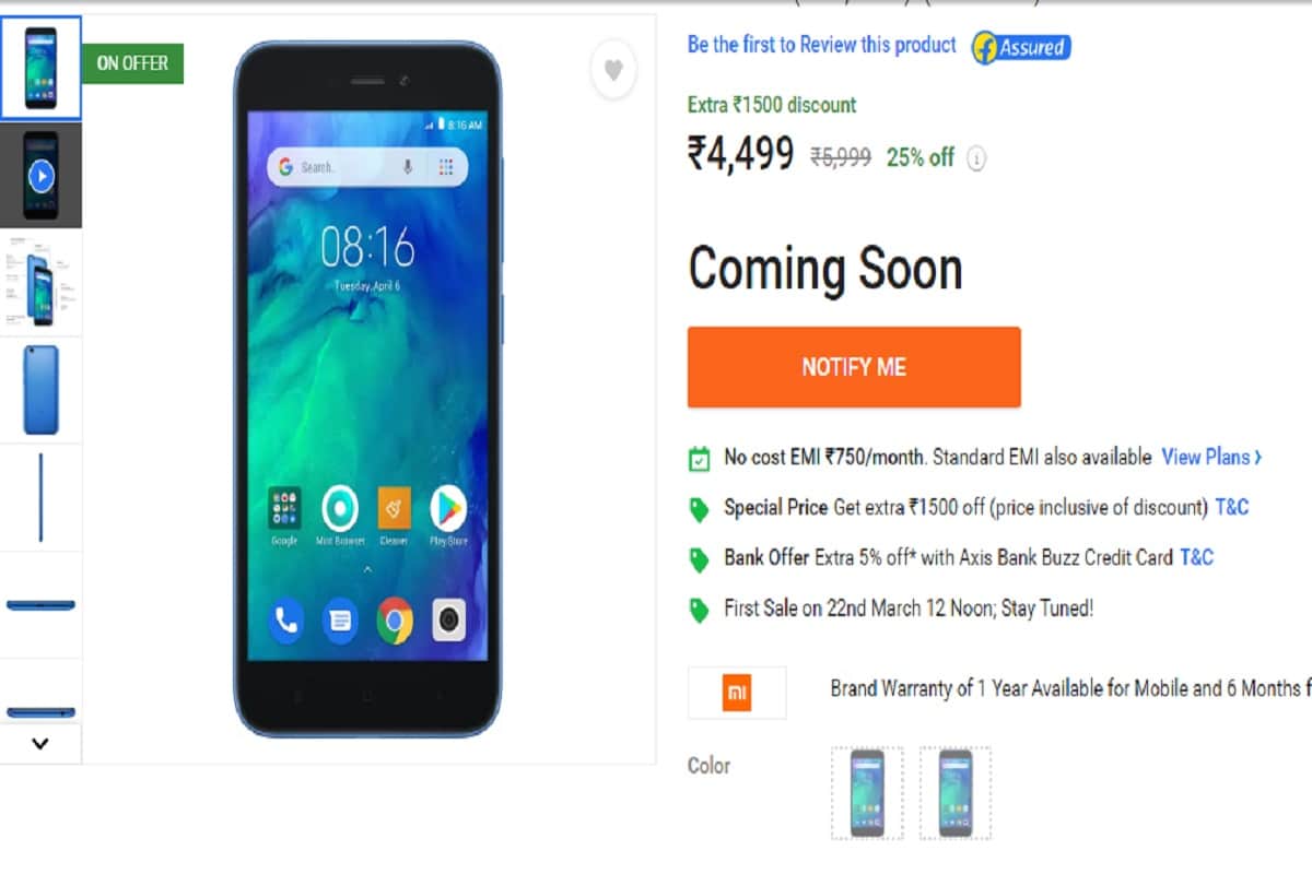 Redmi Go again sale in India Today, Price in India Rs. 4,499