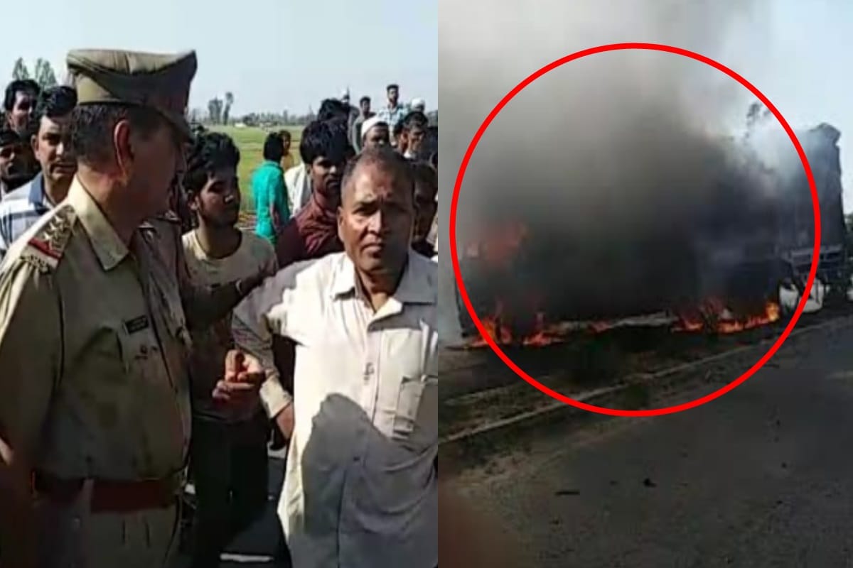 old man death in road accident in Shamli, angry villagers make fire in truck