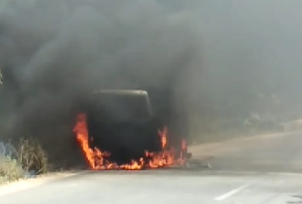 A van caught fire in itaunja road in lucknow.