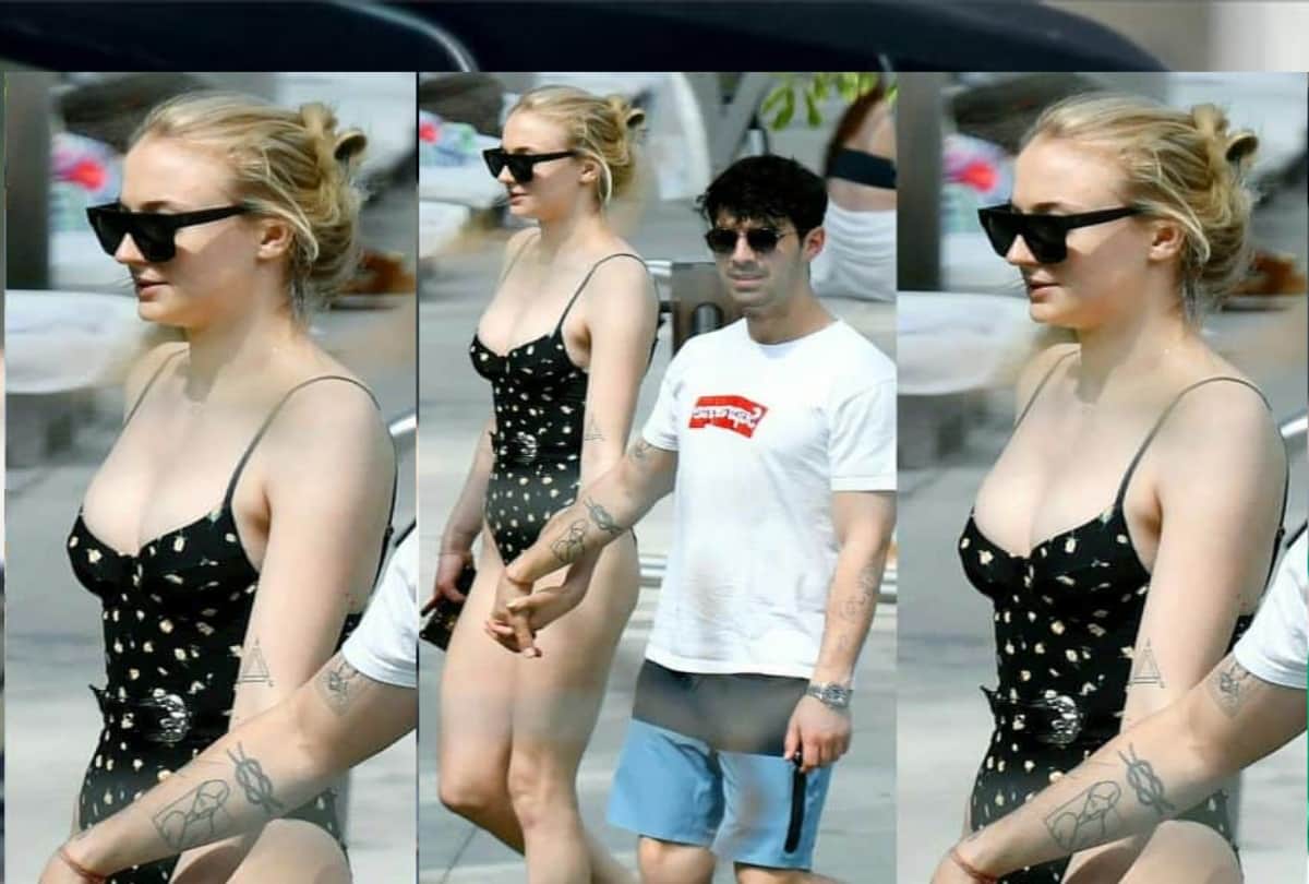 Sophie Turner chills in a plunging monokini with Priyanka Chopra and Nick Jonas