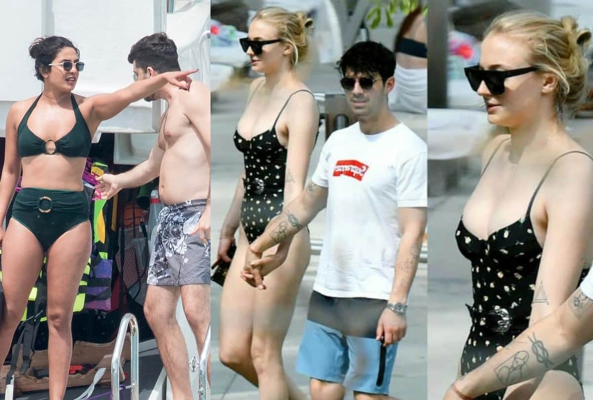 Sophie Turner chills in a plunging monokini with Priyanka Chopra and Nick Jonas